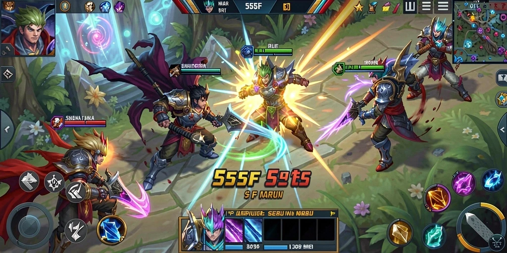 Tampilan dinamis permainan MOBA dengan aksi seru di arena.