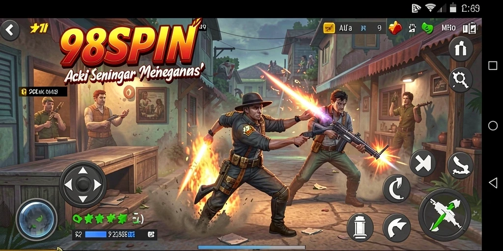 Screenshot gameplay 98SPIN menunjukkan pertempuran yang mendebarkan dan aksi luar biasa.