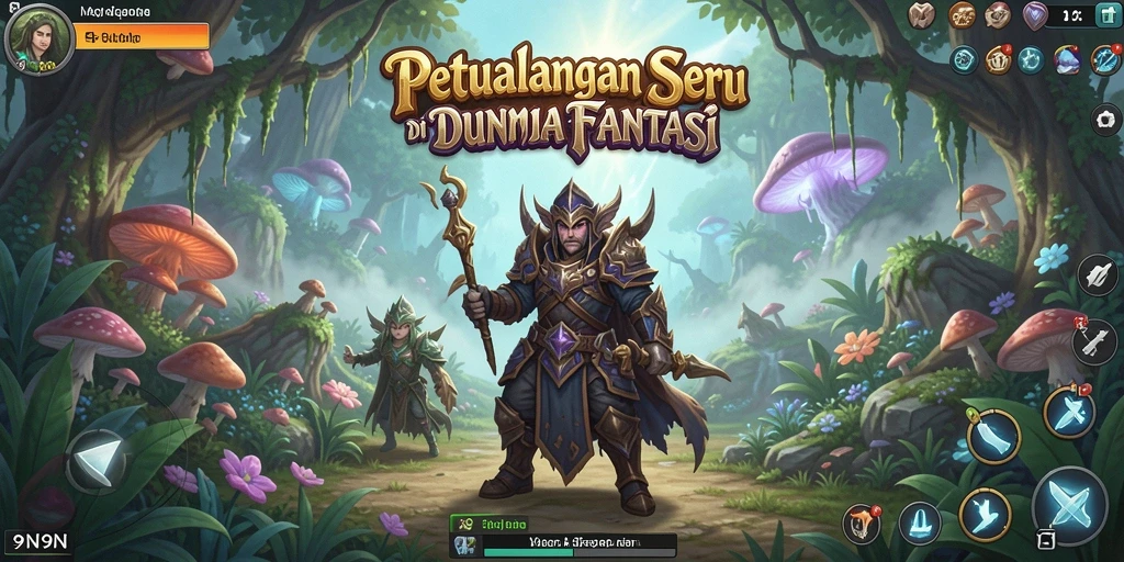 Screenshot gameplay 9N9N dengan karakter menjelajah dunia fantasi.