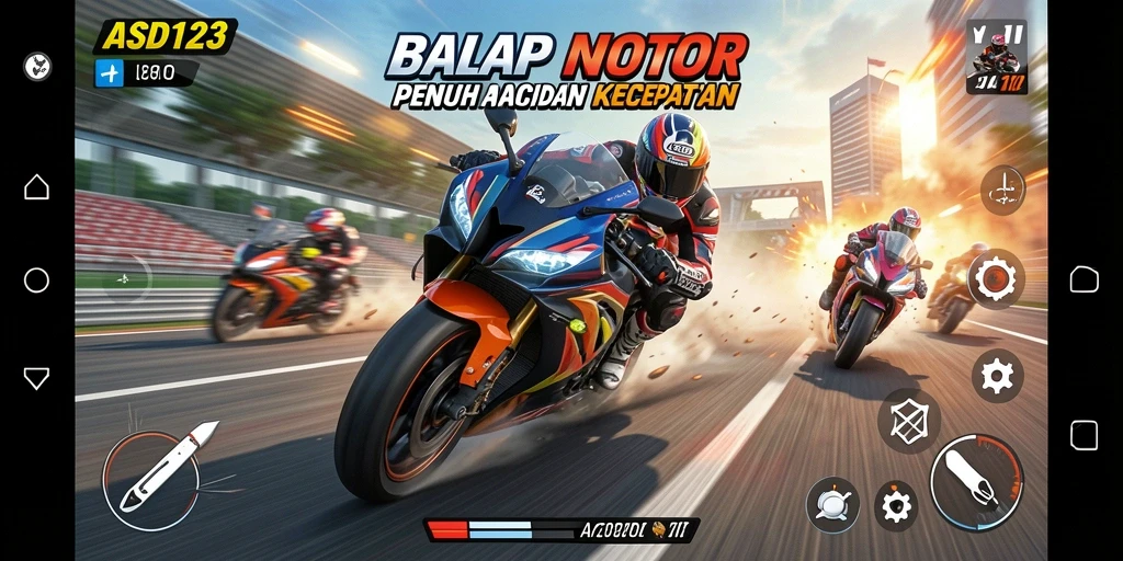 Tampilan gameplay seru saat balapan motor di lintasan.