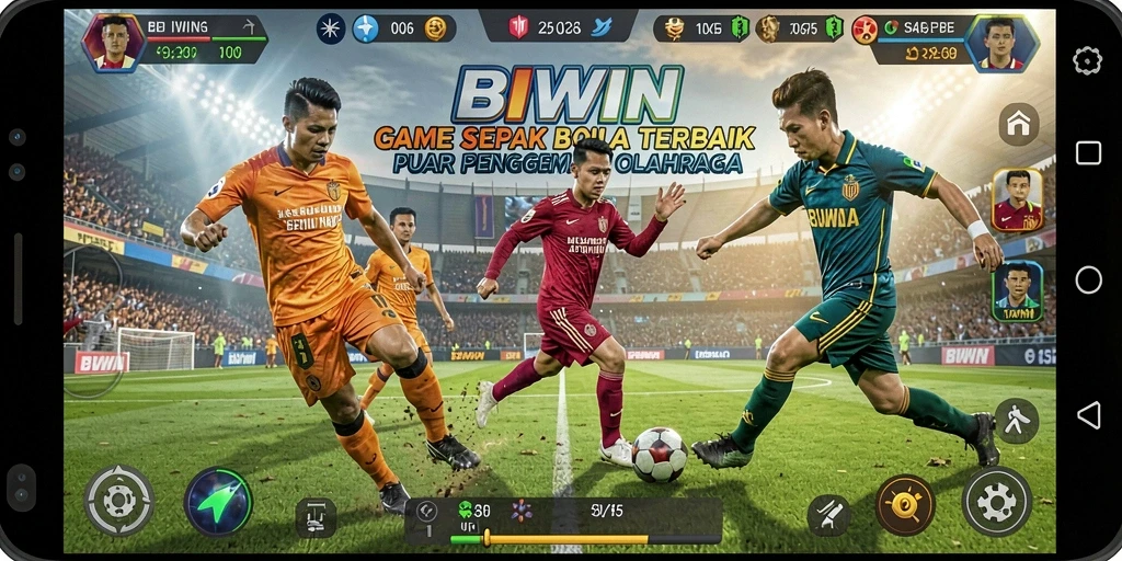 Tampilan gameplay BIWIN yang menampilkan aksi seru di lapangan sepak bola.