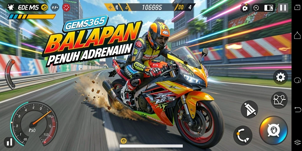Tangkapan layar GEMS365 menampilkan aksi balapan motor yang mendebarkan.