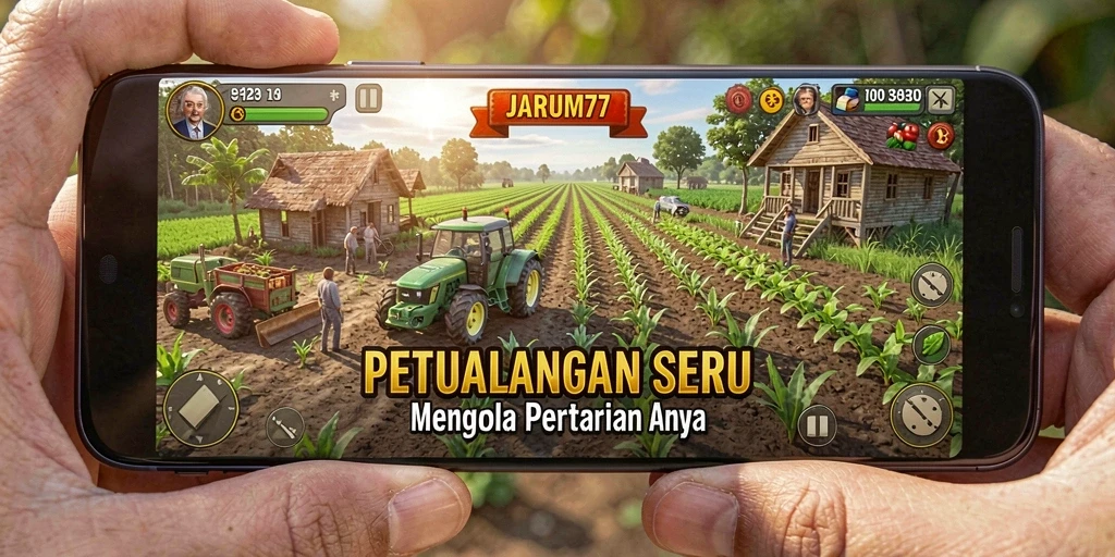 Gameplay JARUM77 menampilkan keseruan bertani dengan ladang yang subur dan interaksi sosial.