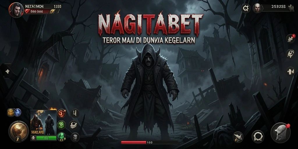 Screenshot utama NAGITABET menampilkan momen mencekam dengan karakter menghadapi kegelapan.