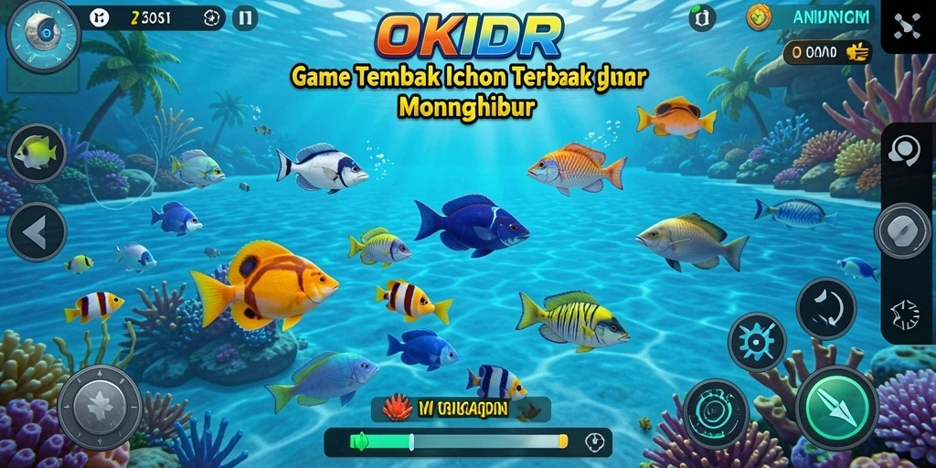Screenshot gameplay OKIDR yang menunjukkan aksi menembak ikan.