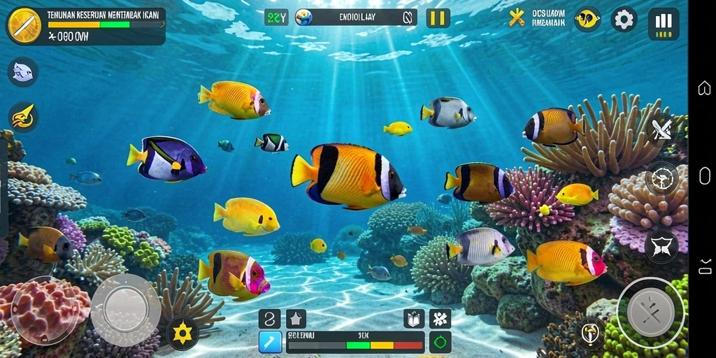 Tampak screenshot gameplay yang seru di OKJK dengan ikan berwarna-warni.