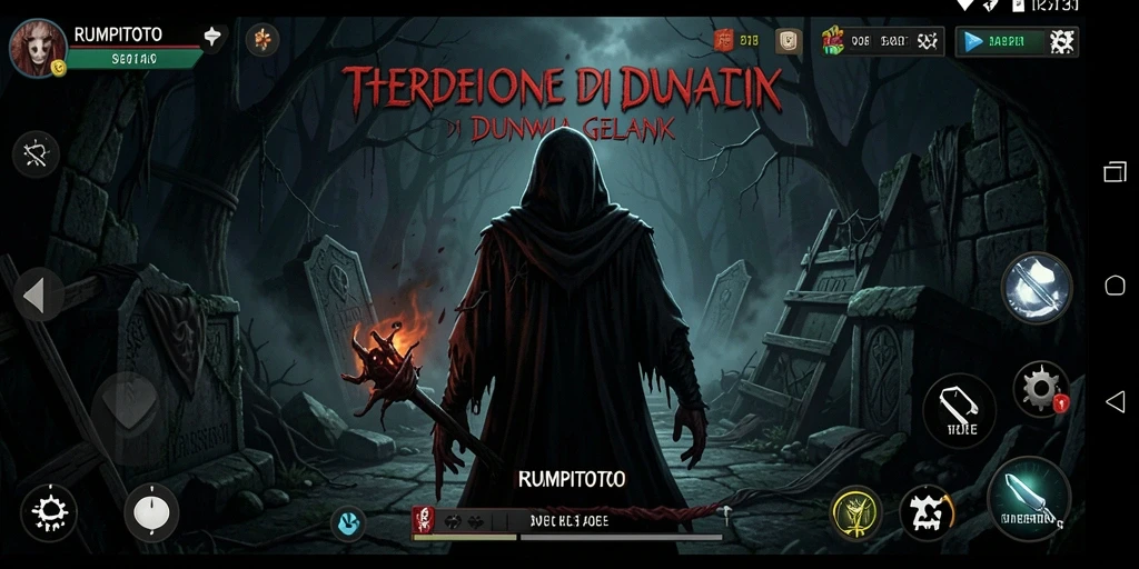 Tampilan gameplay menakutkan dengan suasana gelap dan misterius.