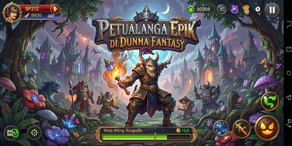 Screenshot gameplay SP212 menampilkan pertarungan epik antara para pahlawan dan monster.