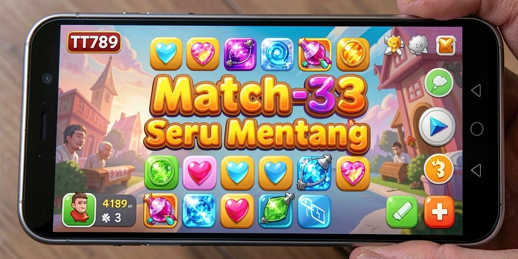 Screenshot gameplay TT789 yang menunjukkan aksi mencocokkan batu permata.